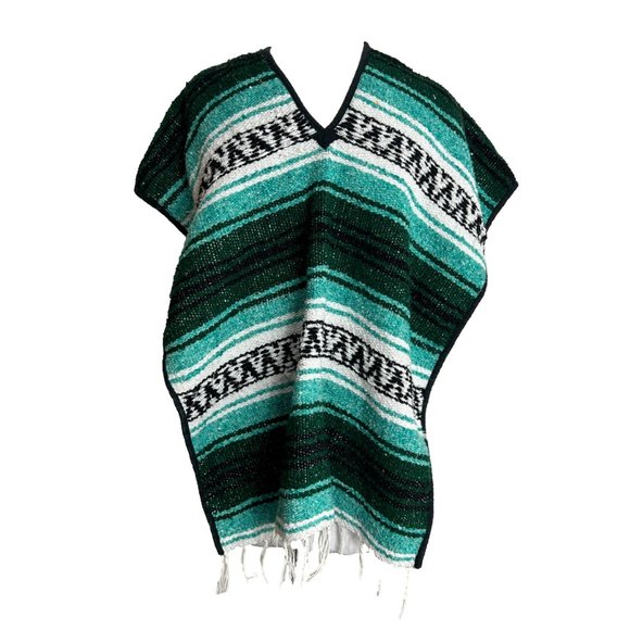 Youth Childs Kids Mexican Poncho Green White Black Fringe Traditional Ethnic - Picture 1 of 7